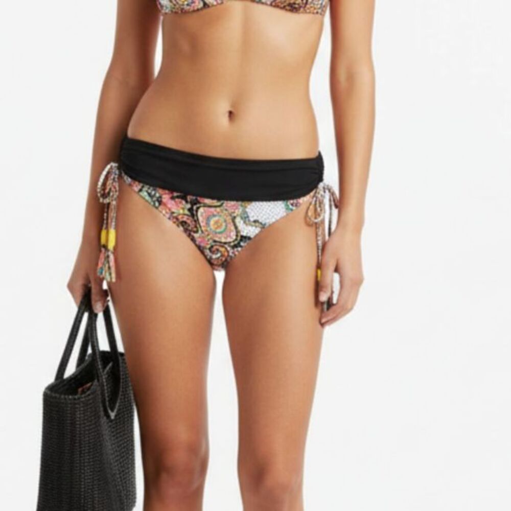 Paisley Print Fold Over Waist Side Ruched Tie Swim Bikini Bathing Suit Bottoms